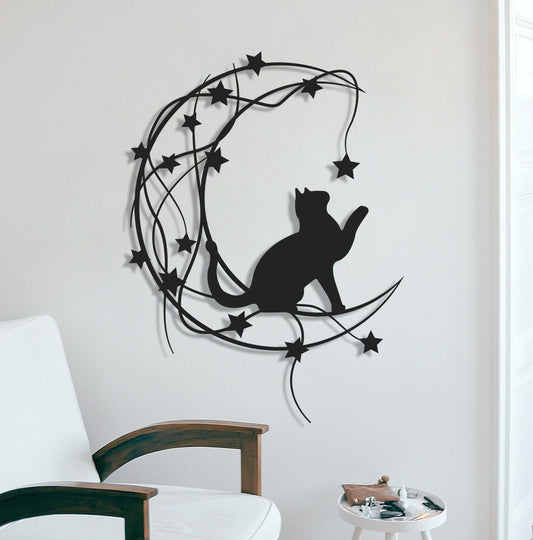 Metal Cat Wall Decor, Gift For Cat Lovers, Metal Cat Art, Cat, Moon and Stars Metal Wall Art, Animal Metal Hangins, Farmhouse Unique Gift