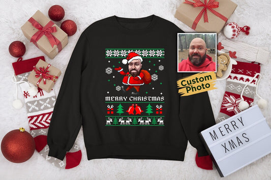 Custom Santa Pixel Ugly Christmas Sweater, Custom Face Sweatshirt for Christmas, Custom Santa Hat Sweatshirt, Ugly Christmas Sweater