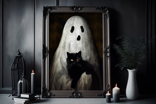Ghost Holding a Black Cat, Ghost Portrait Room Creepy, Dark Romantic, Horror Spooky Cute Wall Art Halloween Poster