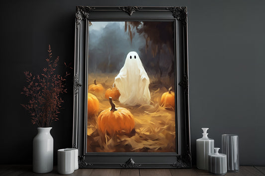 Ghost In The Pumpkin Patch Poster, Dark Romantic Ghost Standing in The Pumpkin Patch Creepy, Ghost in  Wall Art Halloween Poster