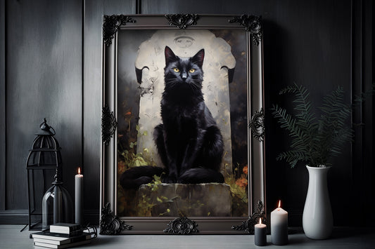 Black Cat On A Headstone Poster, Dark Romantic Black Cat Standing On A Headstone Creepy, Horror Spooky Cute, Wall Art Halloween Poster