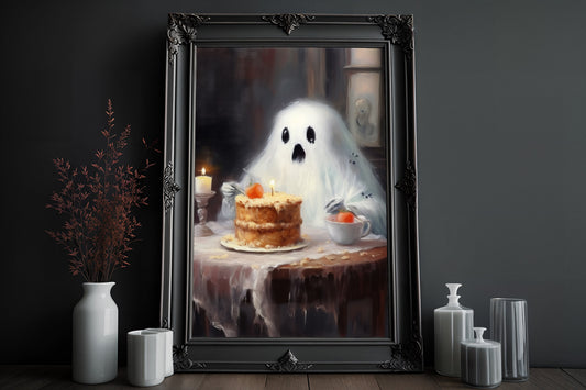 Cute Ghost Is Eating Cake Poster,Dark Romantic Ghost Is Eating Cake Room Creepy, Spooky Cute, Wall Art Halloween Poster