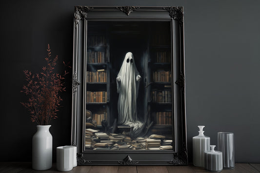 Ghost At The Book Shelf Poster, Dark Romantic Reading Lover Creepy, Horror Spooky Cute, Wall Art Halloween Poster, Haunting Ghost