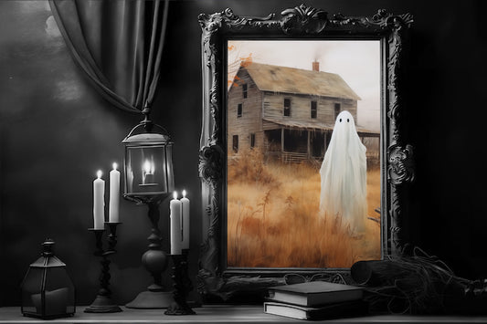 Farm House Ghost Poster, Dark Romantic Ghost Standing Farm House Ghost Creepy, Horror Spooky Cute, Wall Art Halloween Poster