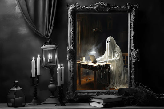 Working Ghost Poster, Dark Romantic Ghost Working Ghost Creepy, Horror Spooky Cute, Wall Art Halloween Poster