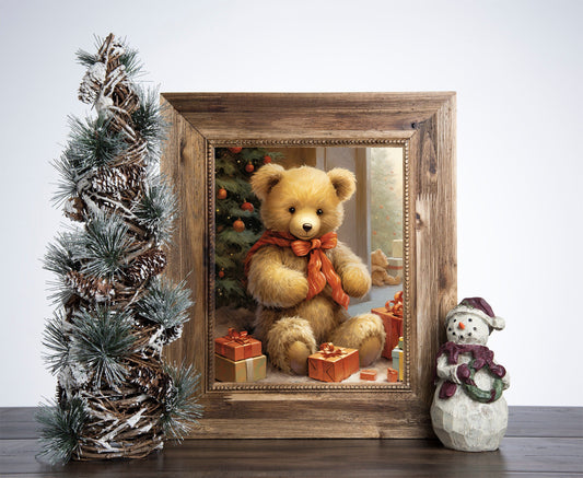 Teddy Bear Christmas Poster, Christmas Teddy Art, Xmas Decor Poster, Vintage Xmas Holiday Art Print