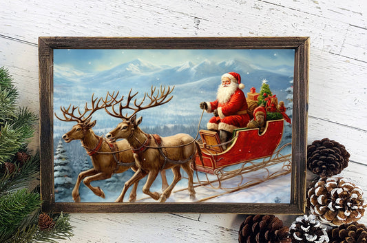 Santa Claus Riding Reindeer Poster, Christmas Santa Claus Art, Xmas Decor Poster, Vintage Xmas Holiday Art Print