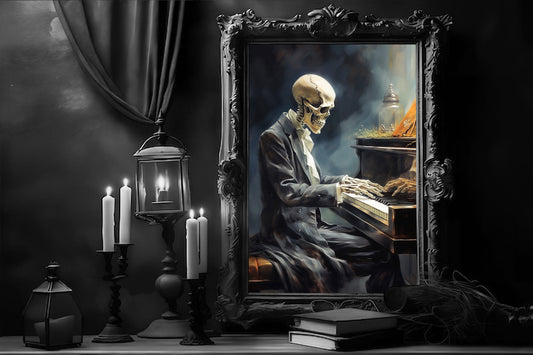 Skeleton Pianist Poster, Dark Romantic Creepy, Alt Wall Art Halloween Poster