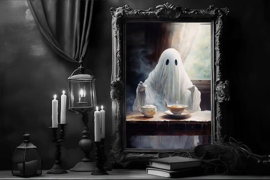 Ghost Drinking Tea Poster, Dark Romantic Ghost Drinking Tea Creepy, Horror Spooky Cute, Wall Art Halloween Poster