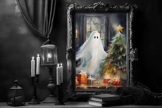 Ghost Decorating Christmas Tree Poster, Dark Romantic Ghost Standing Christmas Tree Creepy, Horror Spooky Cute, Wall Art Halloween Poster