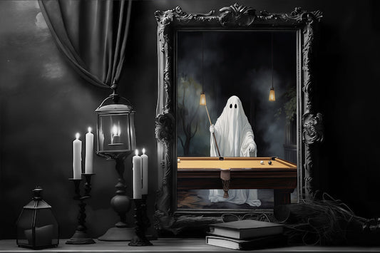 Ghost Playing Billiards Poster, Dark Romantic Ghost Standing Playing Billiards Creepy, Horror Spooky Cute, Wall Art Halloween Poster