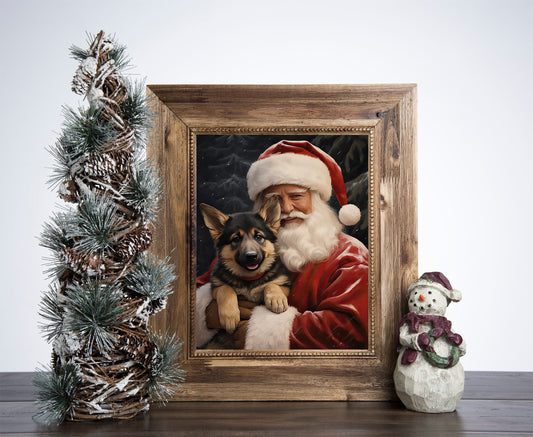 Santa Claus Is Holding A German Shepherd Dog Puppy Poster, Christmas Santa Claus Art, Xmas Decor Poster, Vintage Xmas Holiday Art Print