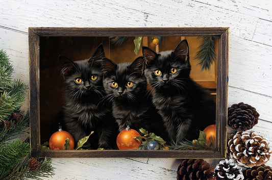 Black Cats Sitting Next To The Christmas Tree Poster, Christmas Cat Art, Xmas Decor Poster, Vintage Xmas Holiday Art Print