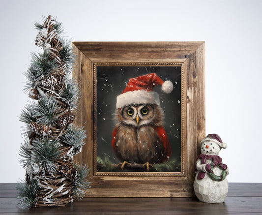 Xmas Owl Snow Christmas Poster, Christmas Snowman Art, Xmas Decor Poster, Vintage Xmas Holiday Art Print