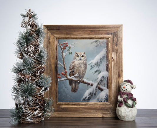 Snowy Owl Christmas Poster, Christmas Snowman Art, Xmas Decor Poster, Vintage Xmas Holiday Art Print