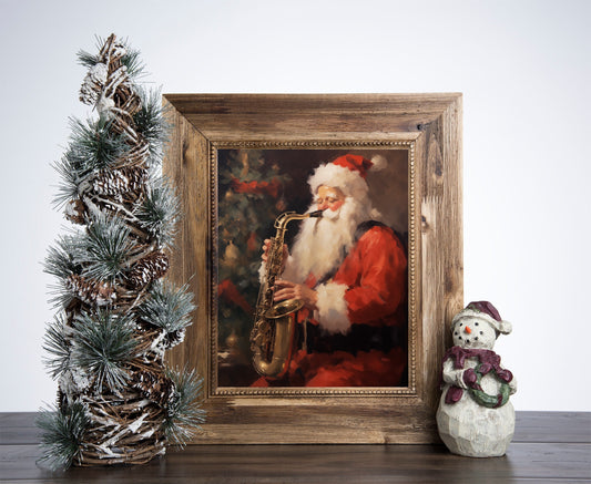 Santa Playing Saxophone Christmas Poster, Christmas Snowman Art, Xmas Decor Poster, Vintage Xmas Holiday Art Print