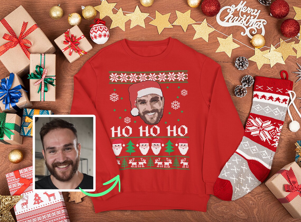 Custom Pixel Ugly Christmas Sweater, Custom Face Sweatshirt for Christmas, Custom Santa Hat Sweatshirt, Ugly Christmas Sweater with Picture