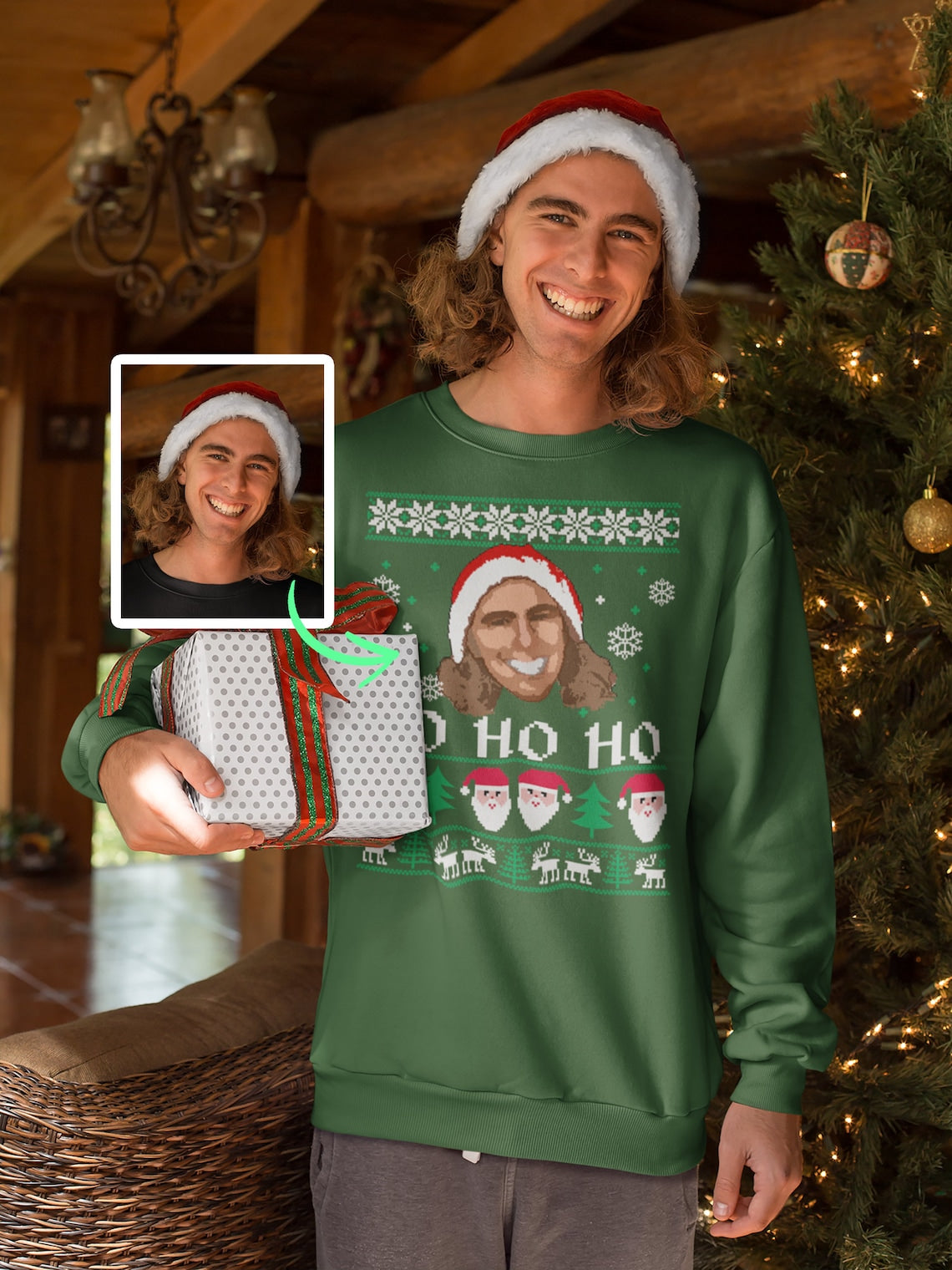 Custom Pixel Ugly Christmas Sweater, Custom Face Sweatshirt for Christmas, Custom Santa Hat Sweatshirt, Ugly Christmas Sweater with Picture