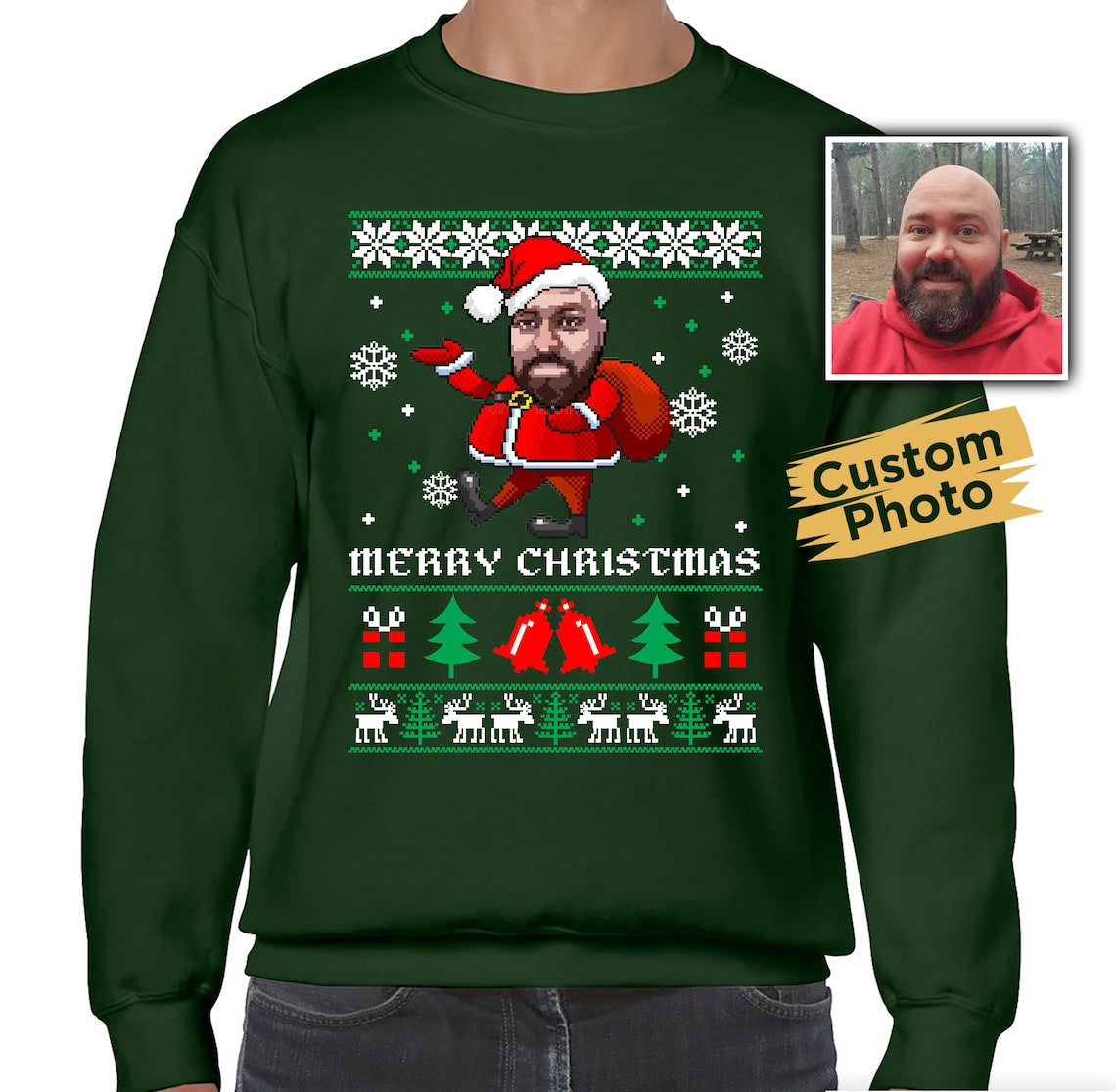 Custom Santa Pixel Ugly Christmas Sweater, Custom Face Sweatshirt for Christmas, Custom Santa Hat Sweatshirt, Ugly Christmas Sweater