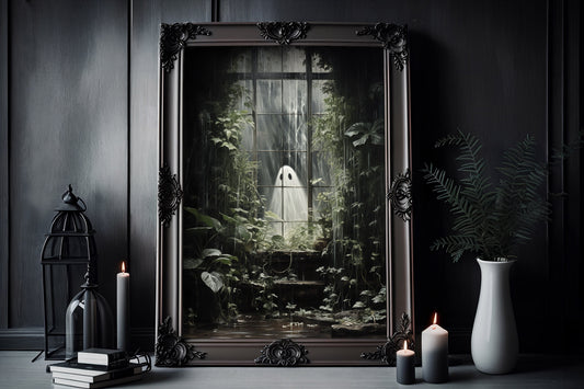 Ghost Outside Looking In Poster, Dark Romantic Ghost Standing in The Forest Creepy, Ghost Outside Looking In Alt Wall Art Halloween Poster