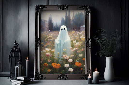 Ghost Flower Garden Poster, Dark Romantic Ghost Standing in Garden Flower Creepy, Horror Spooky Cute, Wall Art Halloween Poster