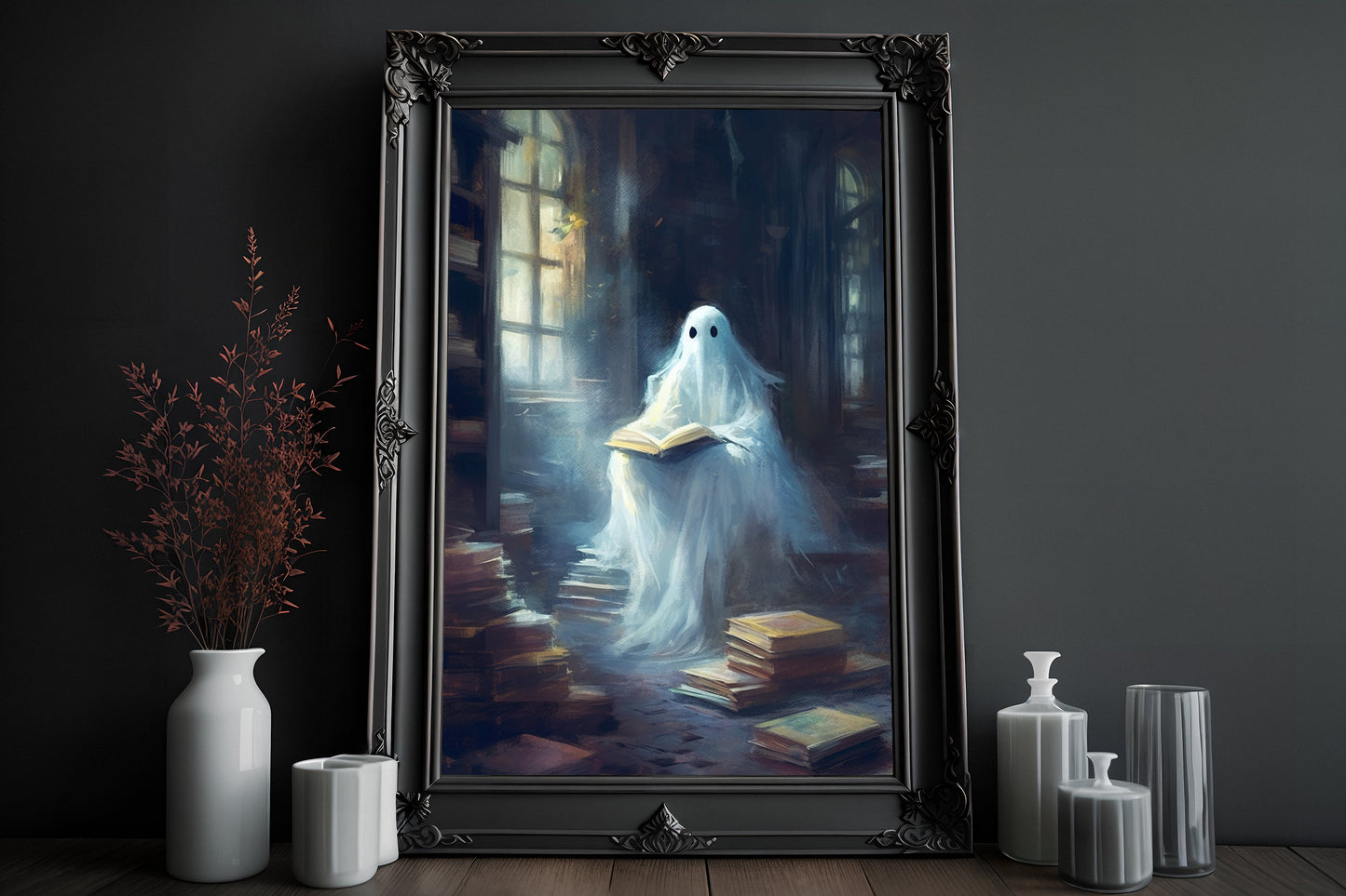 Ghost Reading Book Poster, Dark Romantic Ghost Standing in Reading Room Creepy, Horror Spooky Cute School Alt Wall Art Halloween Poster