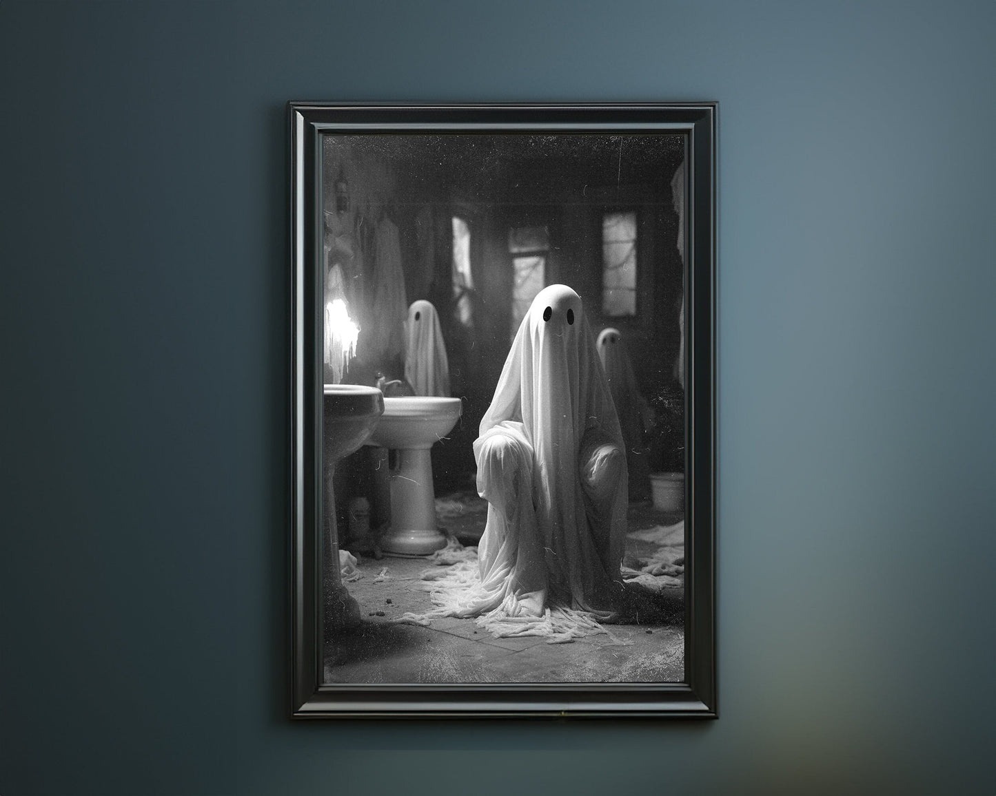 Ghost Toilet Poster, Dark Romantic Ghost Standing in Toilet, Horror Spooky Cute Alt Wall Art Halloween Poster, Halloween Wall Art