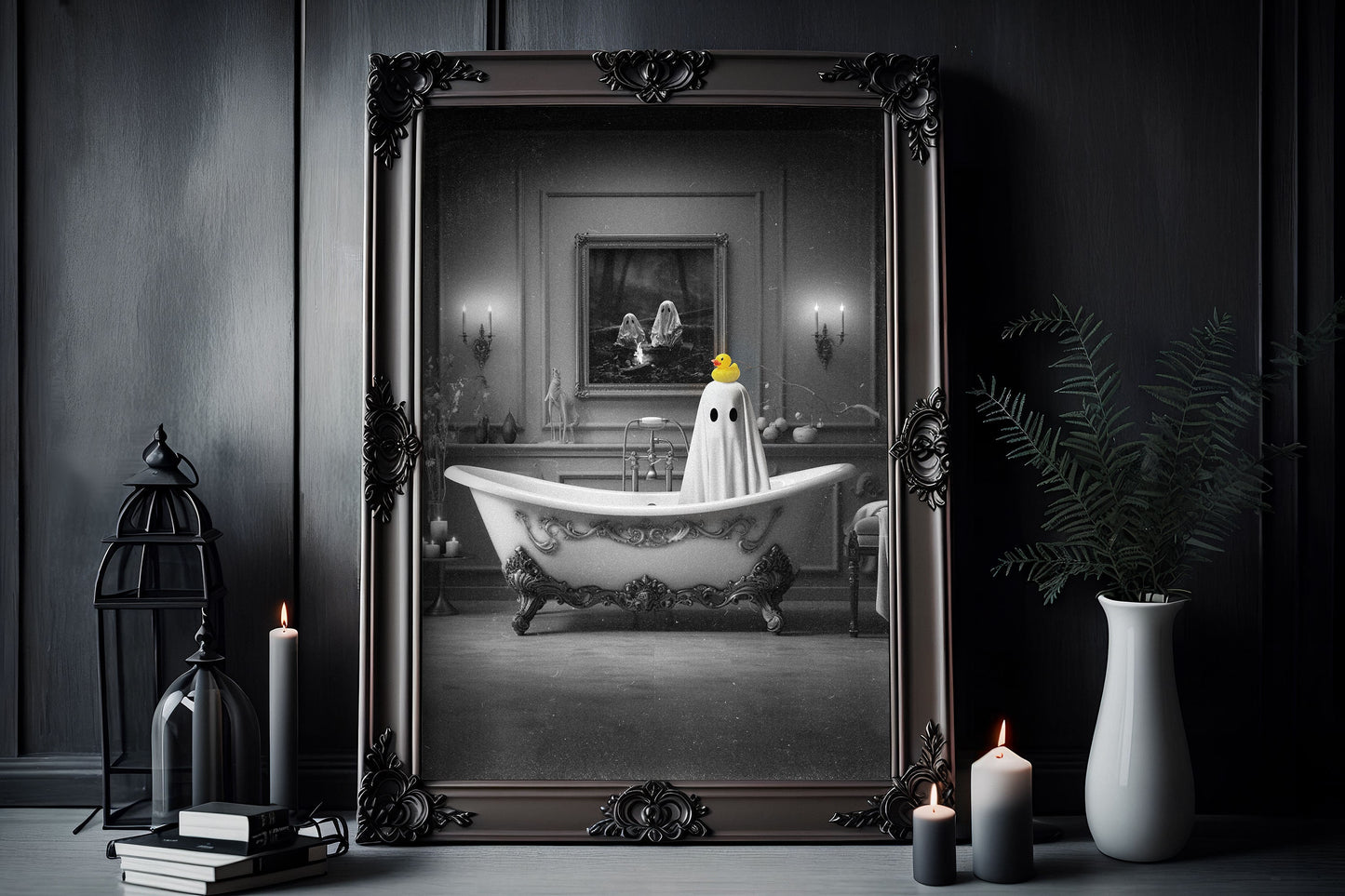 Ghost Bathroom Poster, Dark Romantic Ghost Standing in Bathroom Creepy,  Ghost in the Bath tub Alt Wall Art Halloween Poster