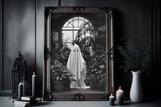 Ghost Indoor gardening Poster, Dark Romantic Ghost Standing in Houseplant Cultivation Creepy, Horror Spooky Cute, Wall Art Halloween Poster