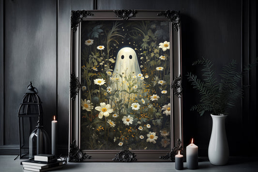 Ghost Flower Poster, Dark Romantic Ghost Standing in The Forest Flower Creepy, Horror Spooky Cute, Wall Art Halloween Poster