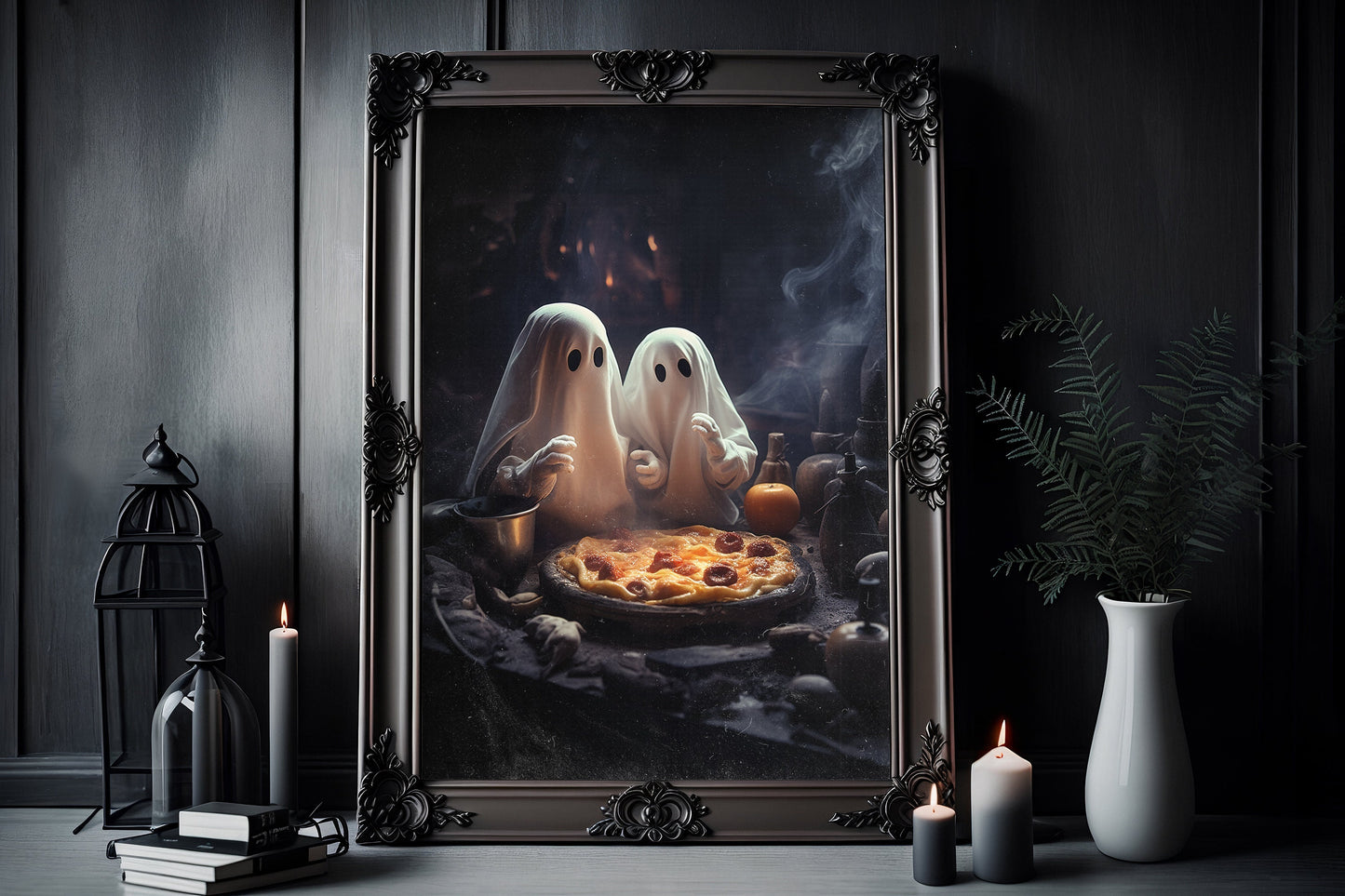 Ghost Eating Pizza Poster, Dark Romantic Ghost Couple in pizza oven, Horror Spooky Cute Alt Wall Art Halloween Poster Fullsize 01