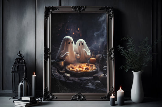 Ghost Eating Pizza Poster, Dark Romantic Ghost Couple in pizza oven, Horror Spooky Cute Alt Wall Art Halloween Poster Fullsize 01