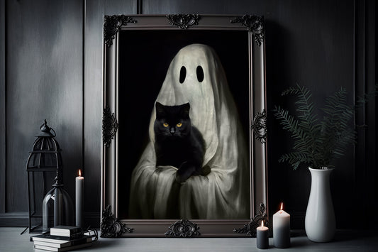 Ghost Holding a Black Cat Poster, Ghost Portrait Room Creepy, Dark Romantic, Horror Spooky Cute Wall Art Halloween Poster