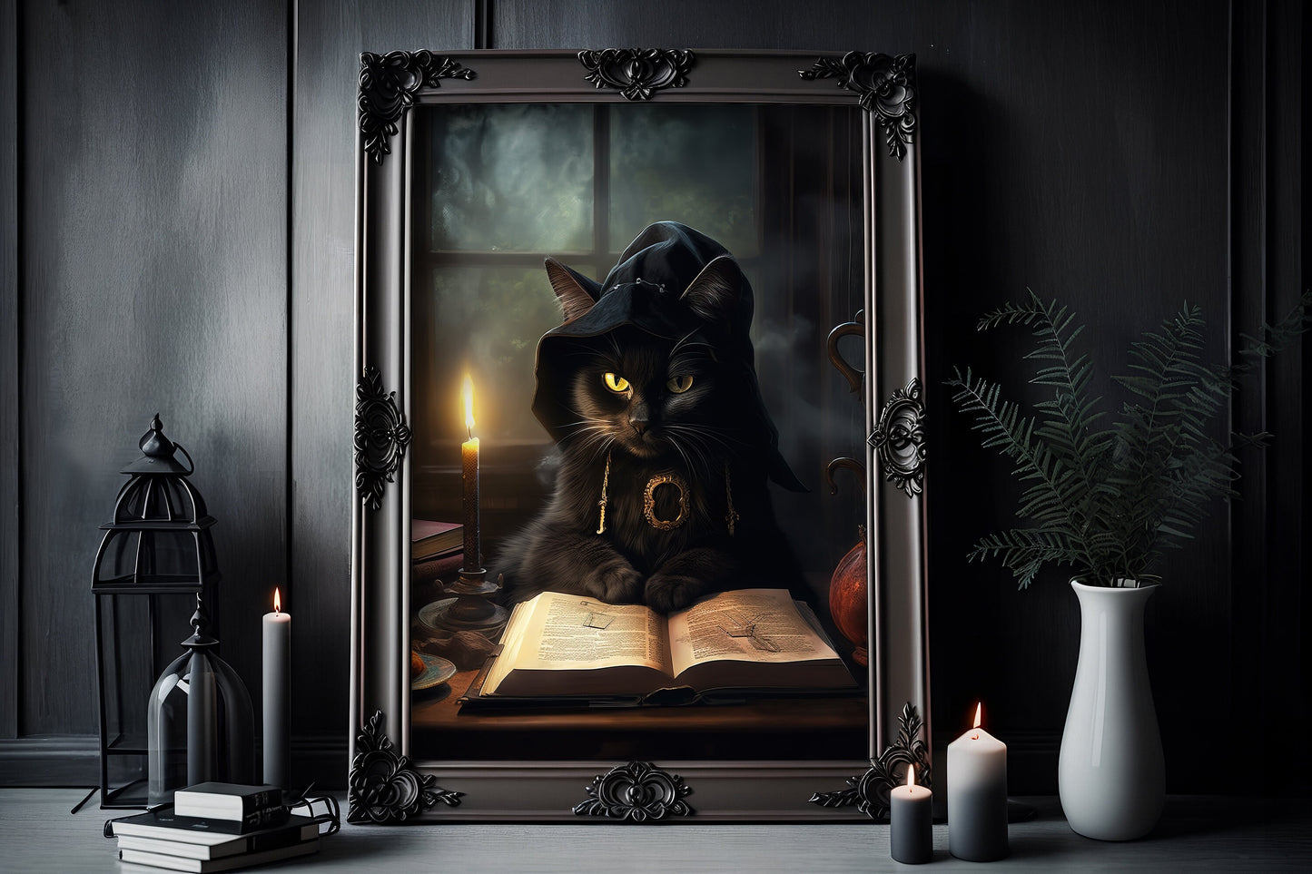 Black Cat Reading Book Poster, Dark Romantic Ghost Standing in witch's room Creepy, Horror Spooky Cute, Wall Art Halloween Poster