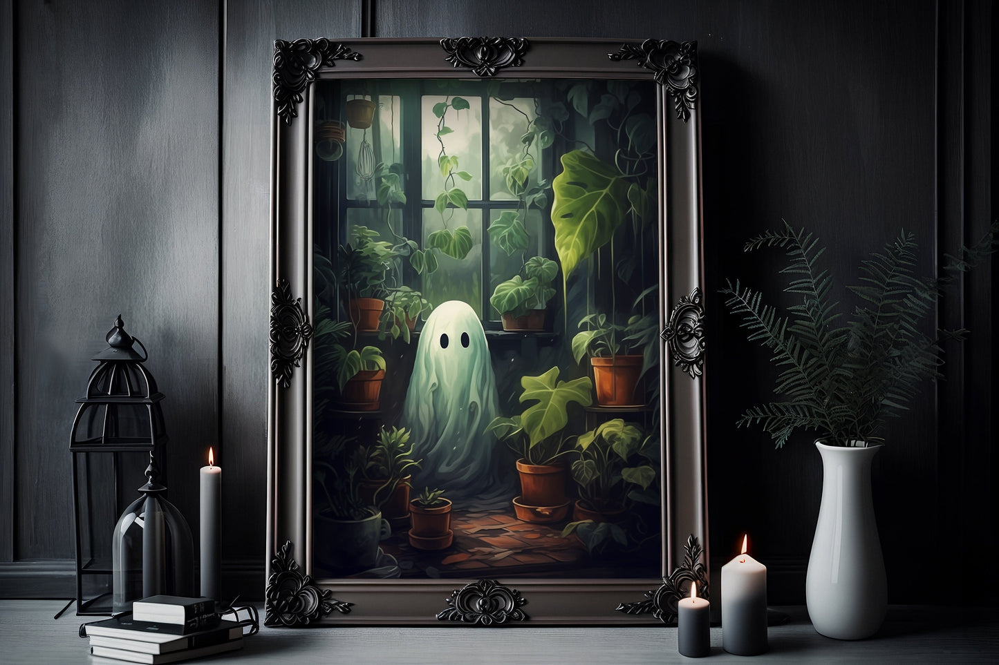 Plant Lover Ghost Cute Poster,Dark Romantic Ghost Standing In Plant Room Creepy, Spooky Cute, Wall Art Halloween Poster