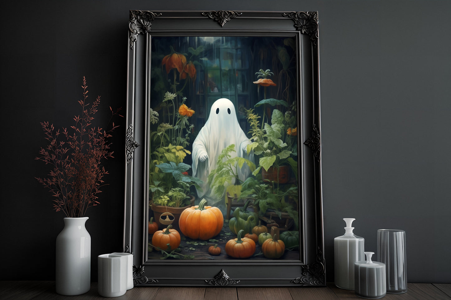 Gardening Ghost Poster, Dark Romantic Ghost Standing in Garden Field Creepy, Ghost Garden Wall Art Halloween Poster