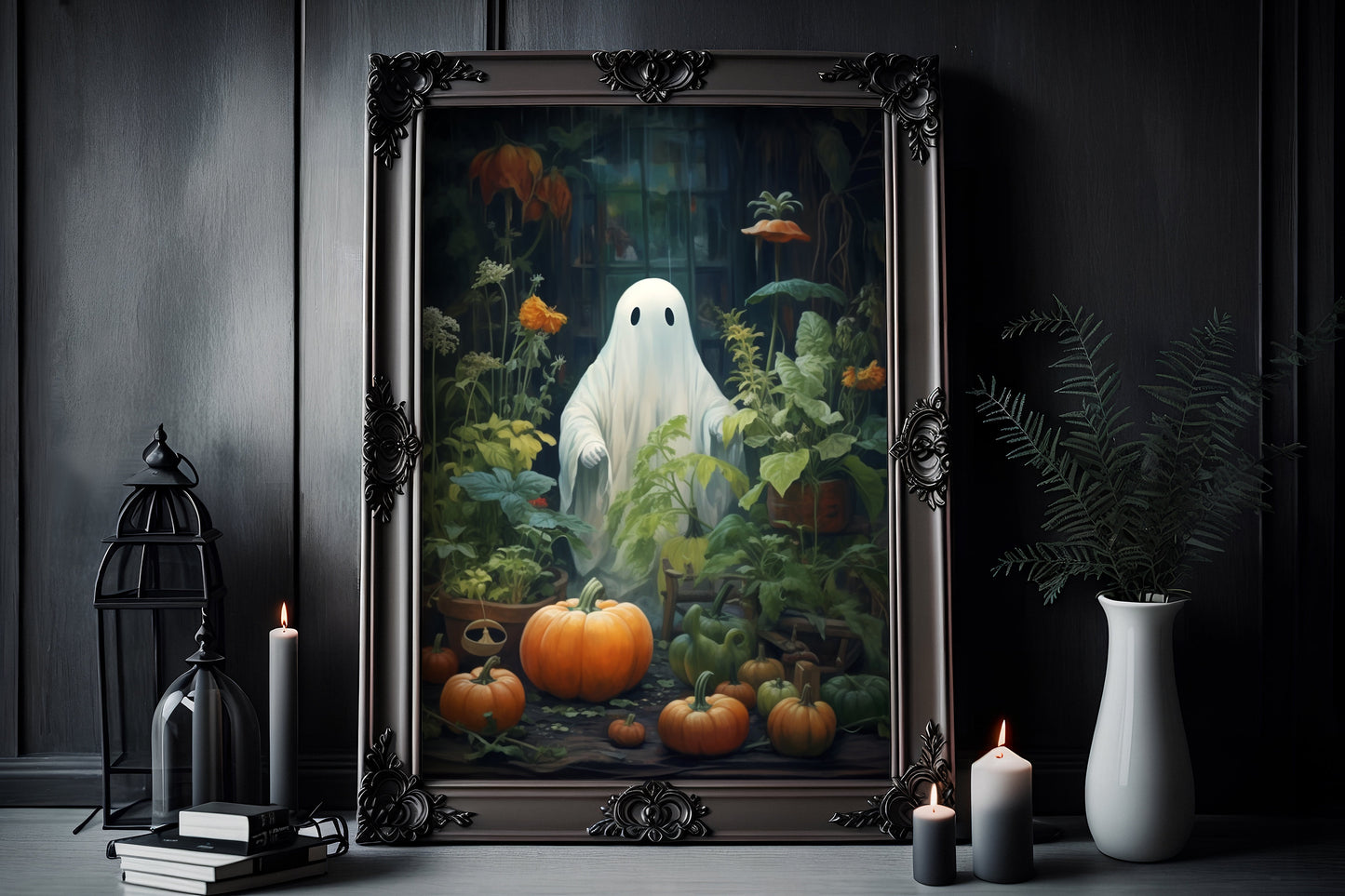 Gardening Ghost Poster, Dark Romantic Ghost Standing in Garden Field Creepy, Ghost Garden Wall Art Halloween Poster