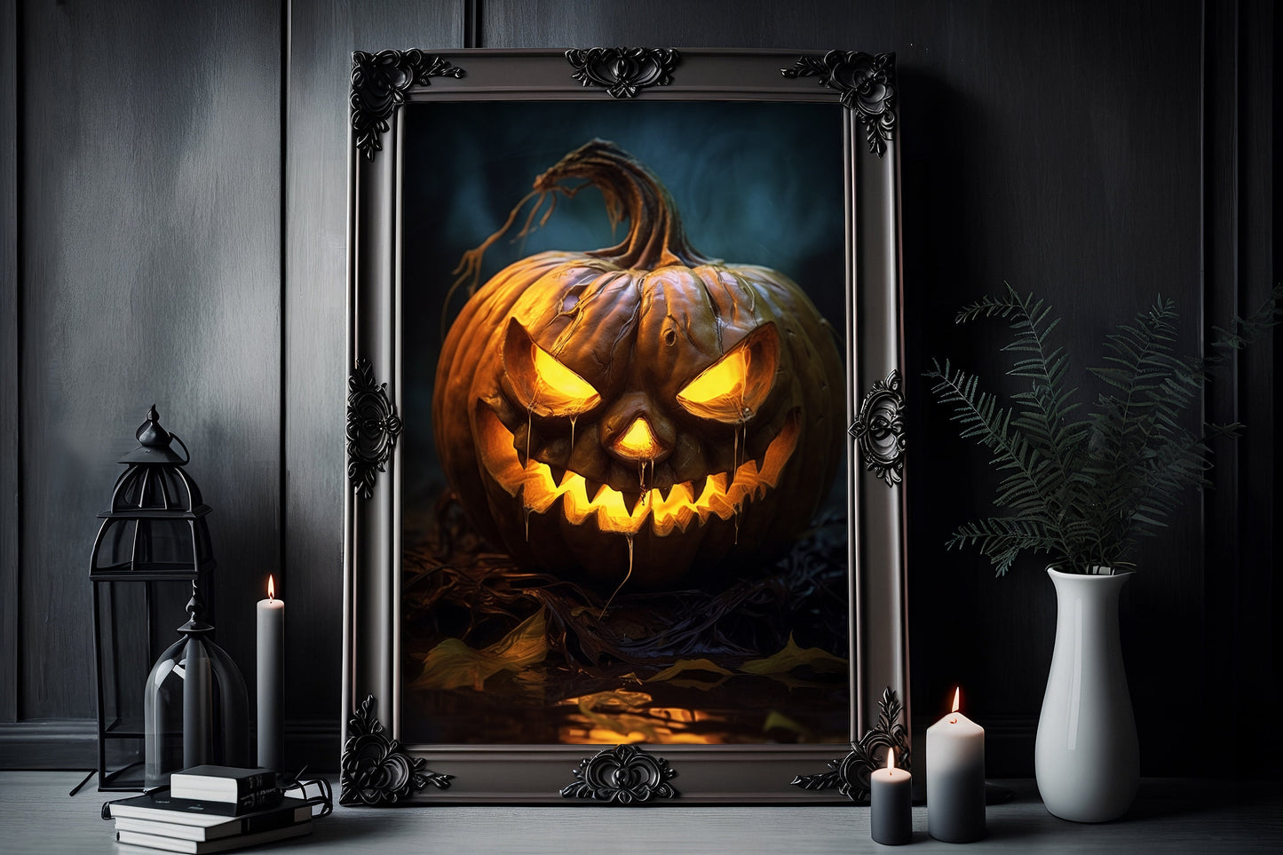 Jack O Lantern Poster, Dark Romantic Pumpkin Creepy, Ghost Scare Wall Art Halloween Poster