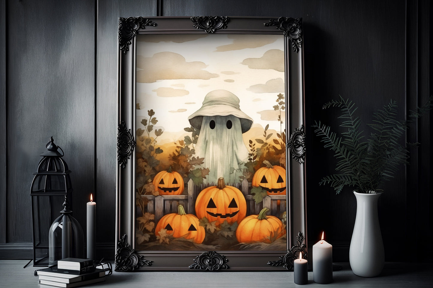 Ghost In The Pumpkin Patch Poster, Dark Romantic Ghost Standing in The Pumpkin Patch Creepy, Ghost  Wall Art Halloween Poster SS02