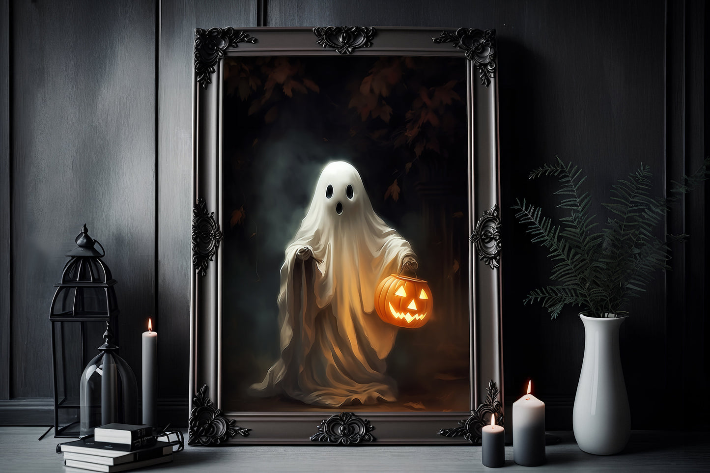 Ghost Holding a Jack O Lantern Poster, Dark Romantic Ghost A Jack O Lantern Creepy, Ghost in Wall Art Halloween Poster