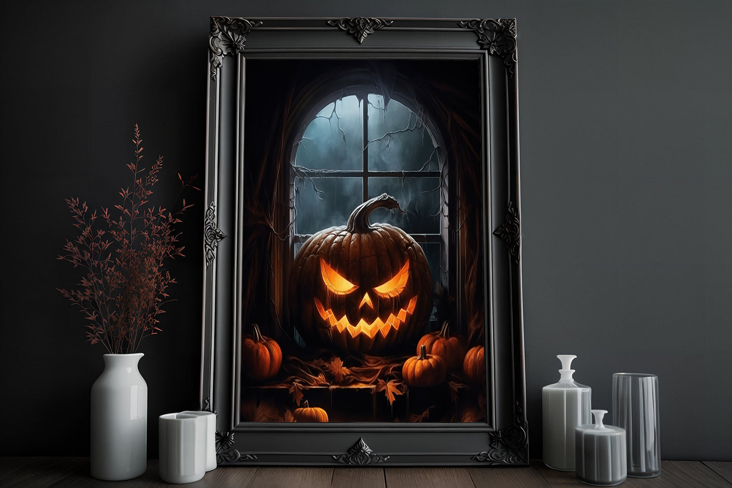 Jack-o'-lantern In The Window Poster, Dark Romantic Ghost A Jack O Lantern Creepy, Ghost in Wall Art Halloween Poster