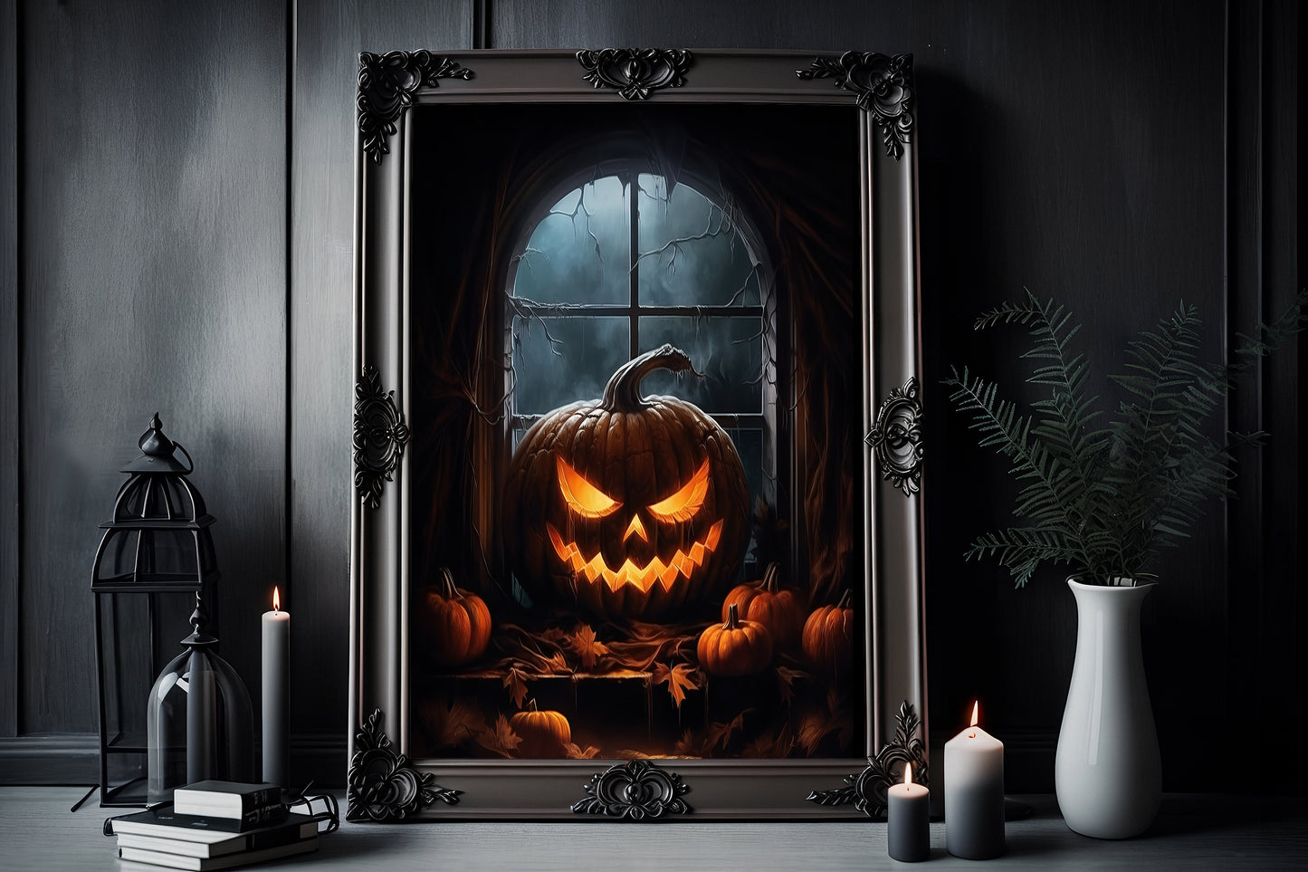 Jack-o'-lantern In The Window Poster, Dark Romantic Ghost A Jack O Lantern Creepy, Ghost in Wall Art Halloween Poster