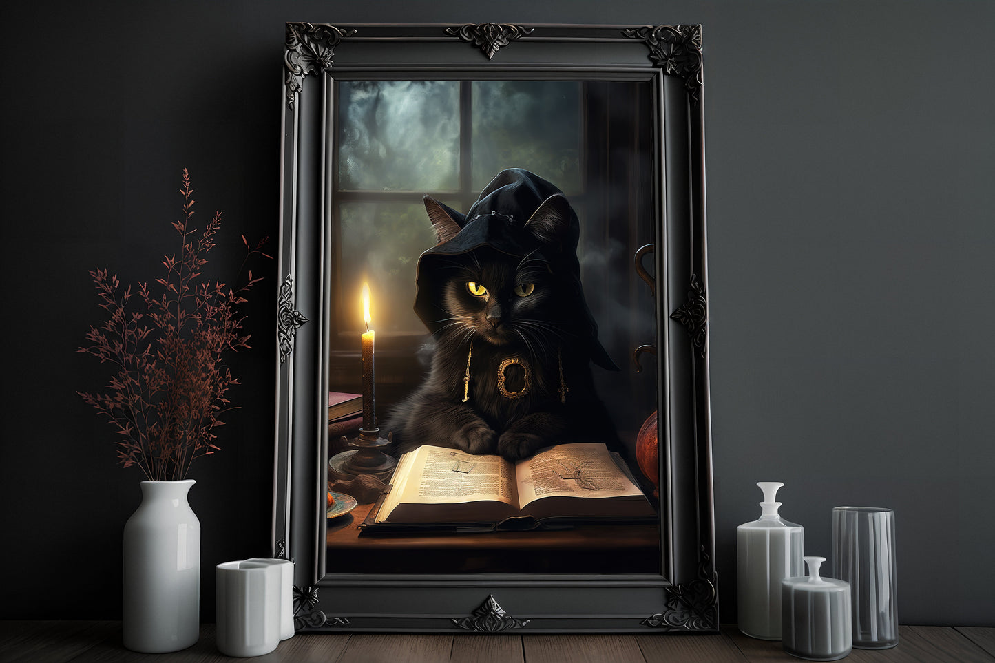 Black Cat Reading Book Poster, Dark Romantic Ghost Standing in witch's room Creepy, Horror Spooky Cute, Wall Art Halloween Poster