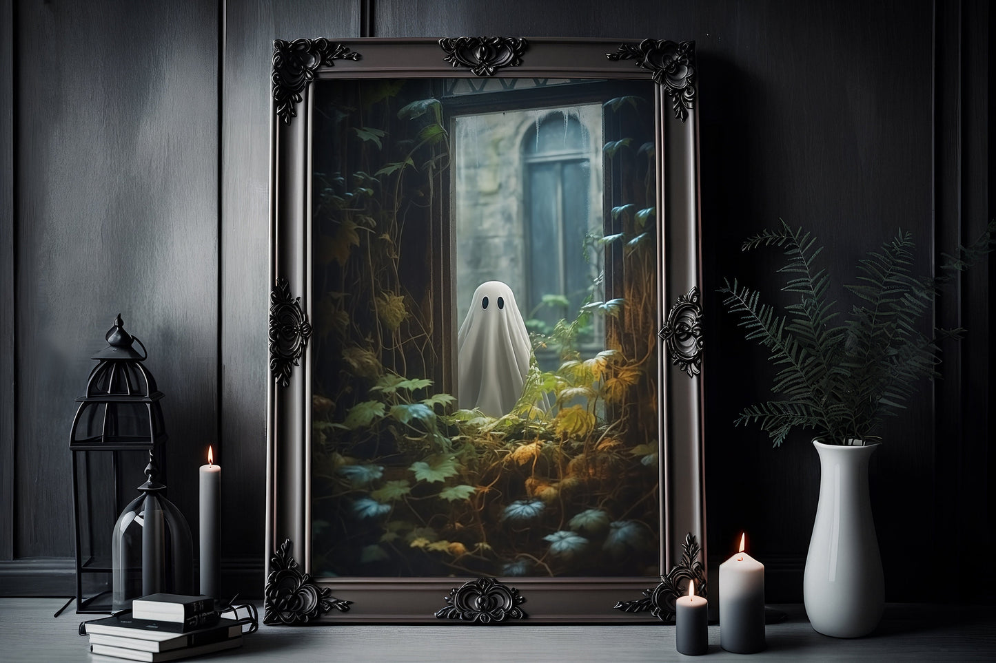 Ghost Outside Looking In Poster, Dark Romantic Ghost Standing in Window Creepy, Ghost Outside Looking In Wall Art Halloween Poster