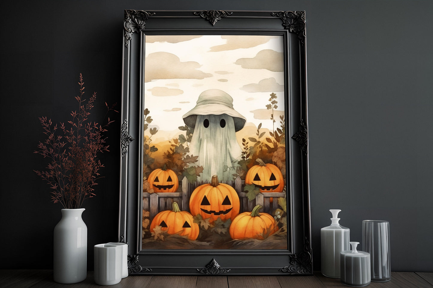 Ghost In The Pumpkin Patch Poster, Dark Romantic Ghost Standing in The Pumpkin Patch Creepy, Ghost  Wall Art Halloween Poster SS02