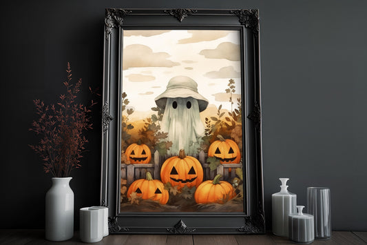 Ghost In The Pumpkin Patch Poster, Dark Romantic Ghost Standing in The Pumpkin Patch Creepy, Ghost  Wall Art Halloween Poster SS02