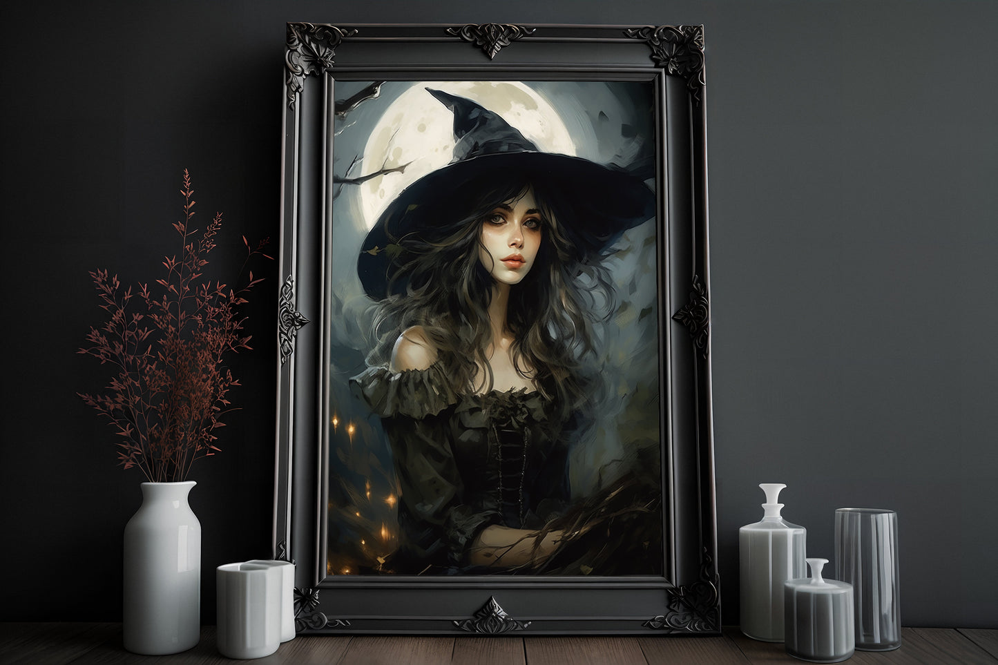 Witch Girl With The Moon Poster, Dark Romantic Witch Girl Creepy, Horror Spooky Cute, Wall Art Halloween Poster