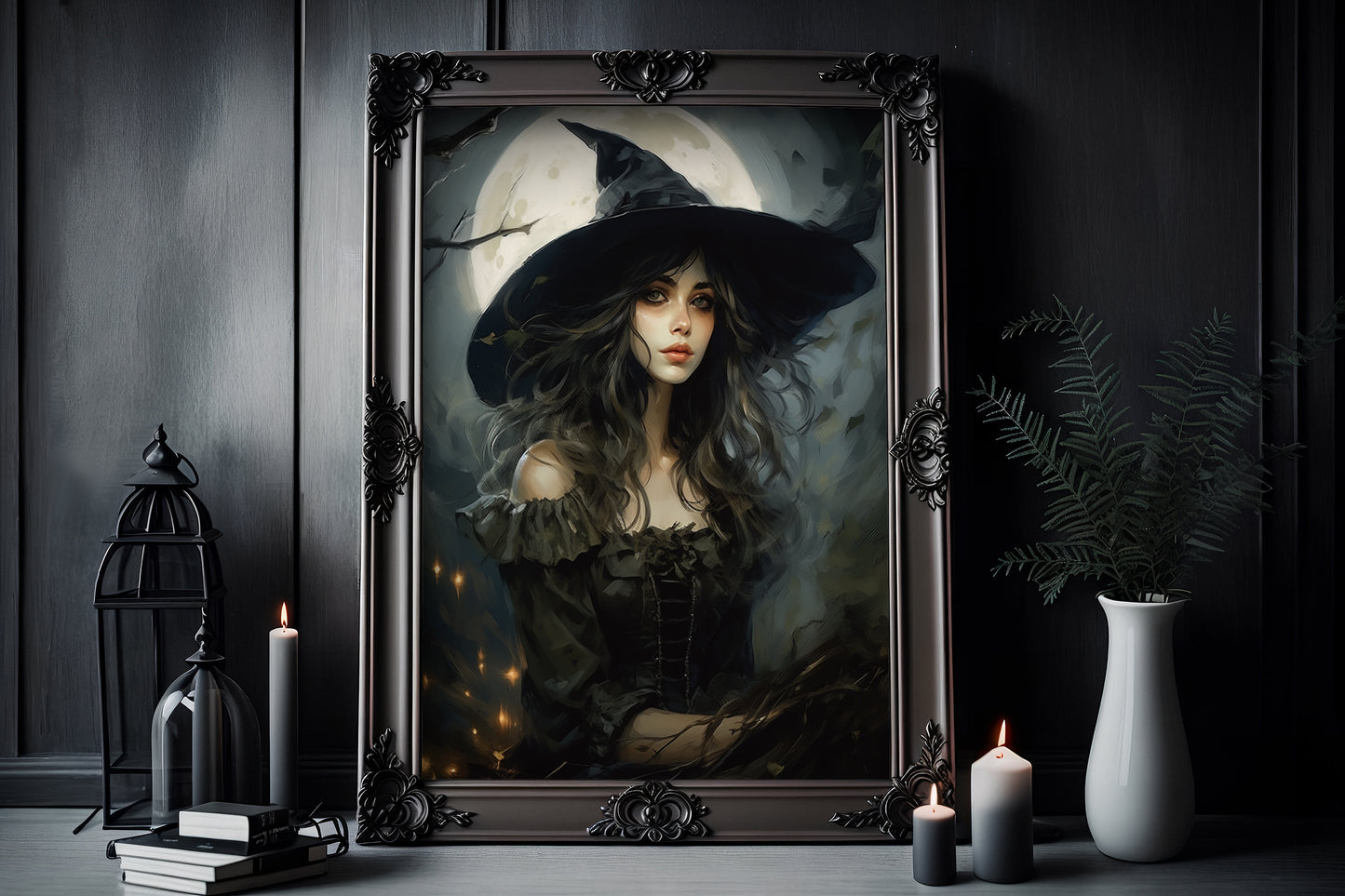 Witch Girl With The Moon Poster, Dark Romantic Witch Girl Creepy, Horror Spooky Cute, Wall Art Halloween Poster