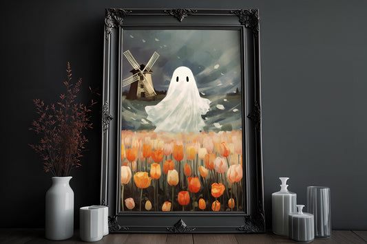 Tulip Ghost Poster, Dark Romantic Ghost Standing in Tulip Field Creepy, Ghost Garden Wall Art Halloween Poster