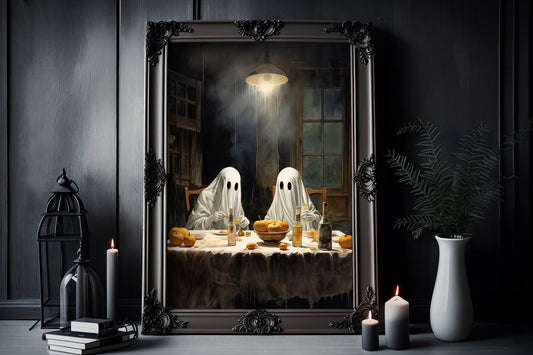 Ghost Eating Dinner Poster, Dark Ghost Party Romantic Creepy, Horror Spooky Cute, Wall Art Halloween Poster